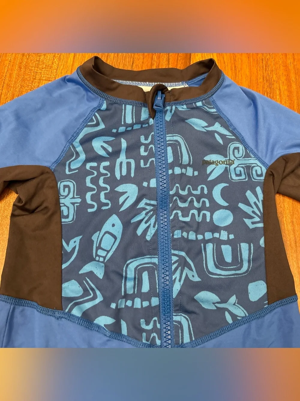 Patagonia blue/black long sleeve rashguard bathing suit with front zipper